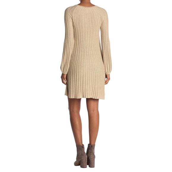 Max Studio Tan Mini Dress Sz L Long Sleeves Round Neck Ribbed & Pleated Knit New - Picture 2 of 7